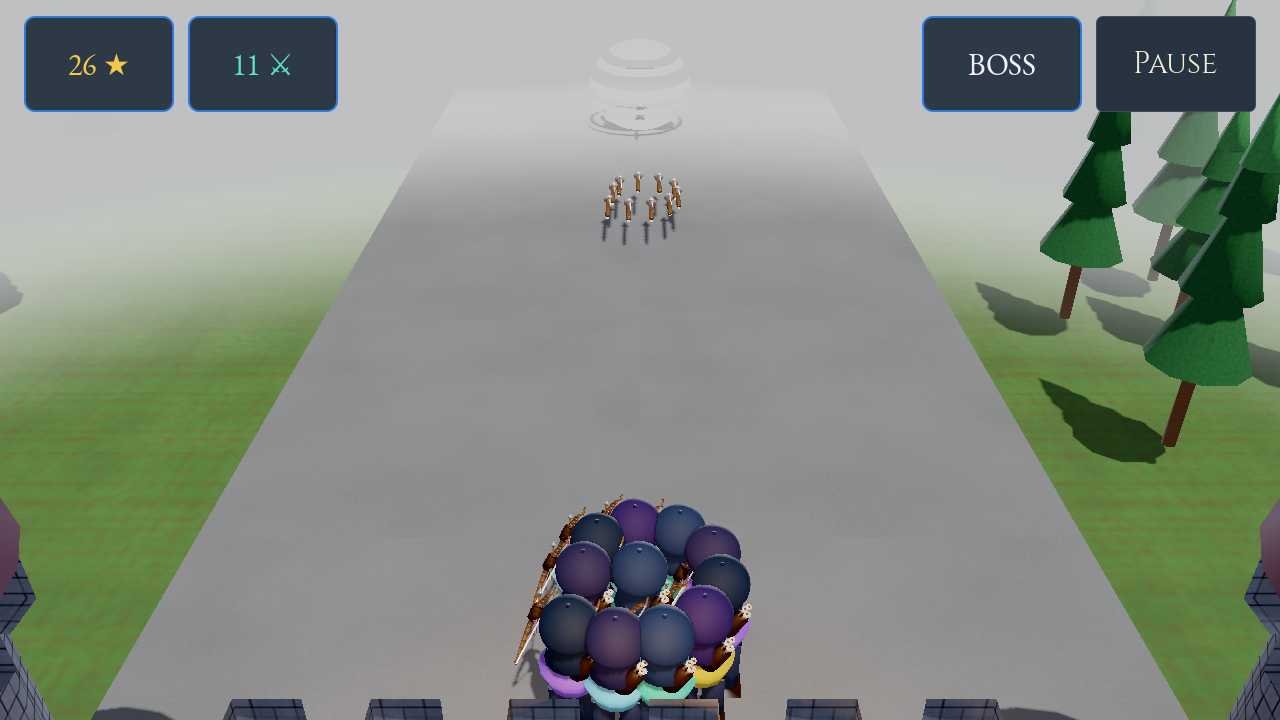 Bulwark 2 battle showing an archer squad at the near end of a three-lane battlefield