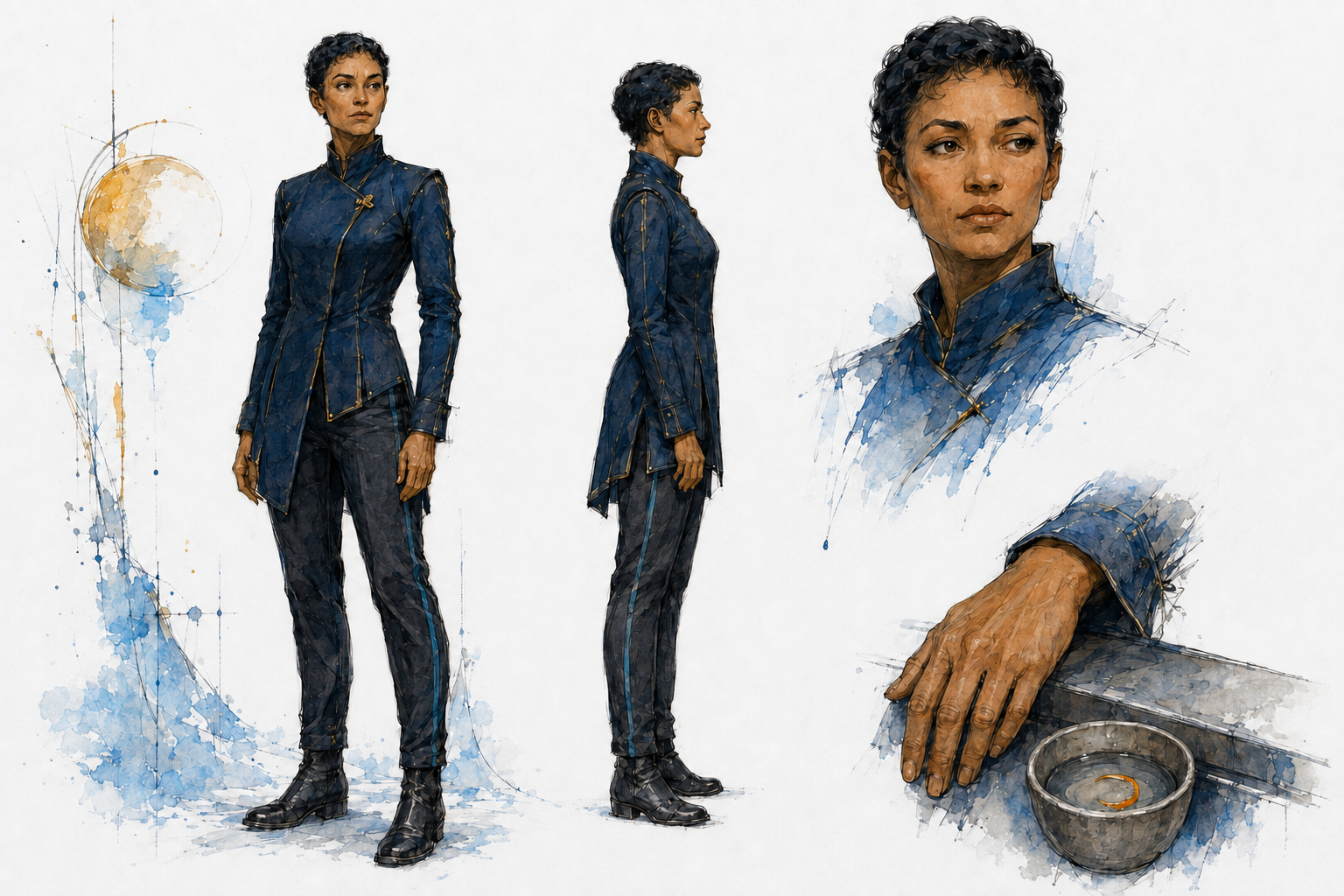 Aelar's illustrated design: short dark curls, an asymmetric navy coat with fine gold detailing, trousers and practical boots