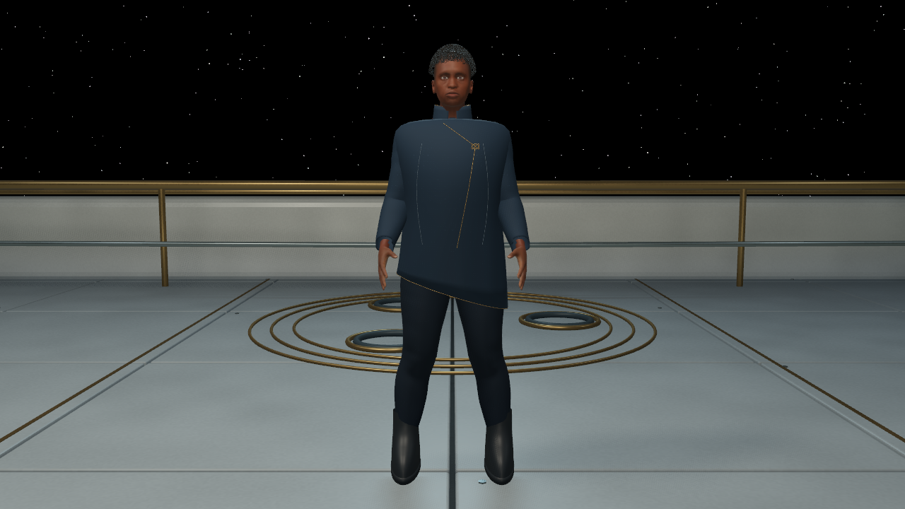The earlier full-body Aelar model standing on the Concordance bridge in her navy coat