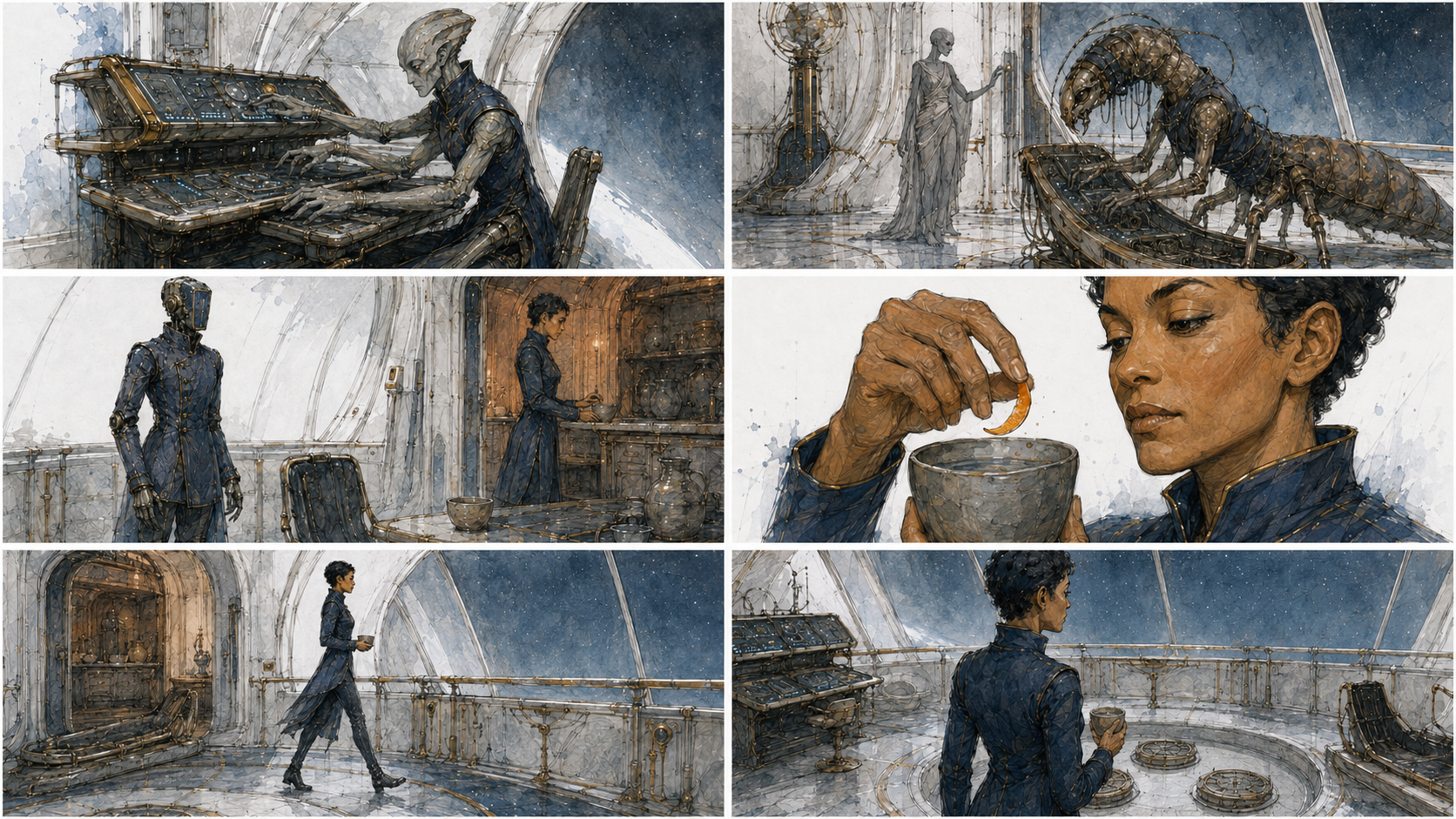 Six storyboard panels showing the crew at their stations, Aelar preparing her drink and walking toward the observation rail