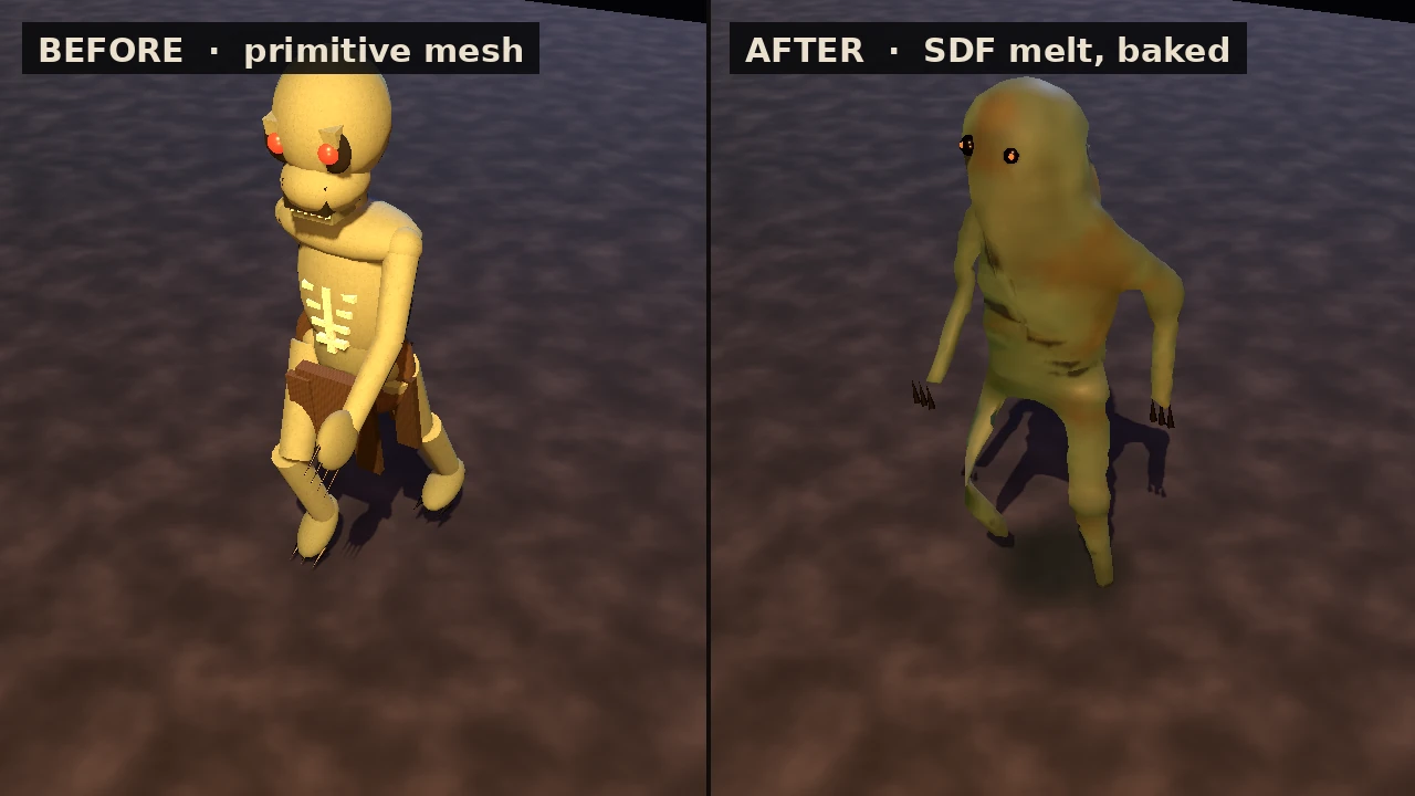 Side by side: the old crypt ghoul as a segmented mannequin with hard joints, next to the new gaunt corpse with one continuous waxy skin
