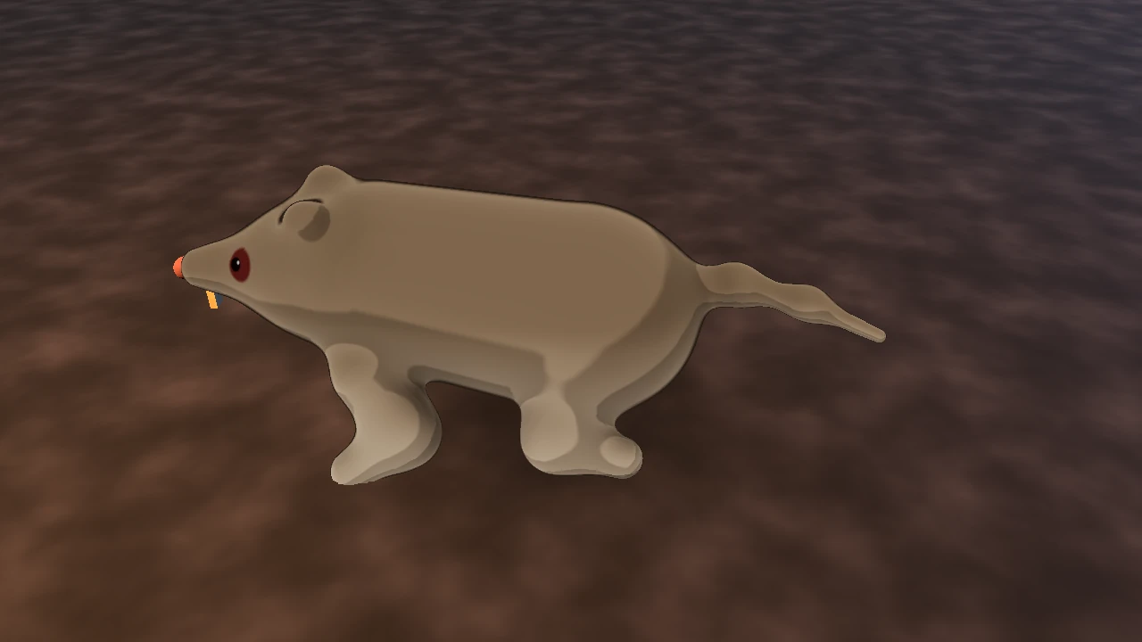 The sewer rat rendered live from its raw signed distance field, showing how the legs flow into the trunk and the tail tapers off smoothly