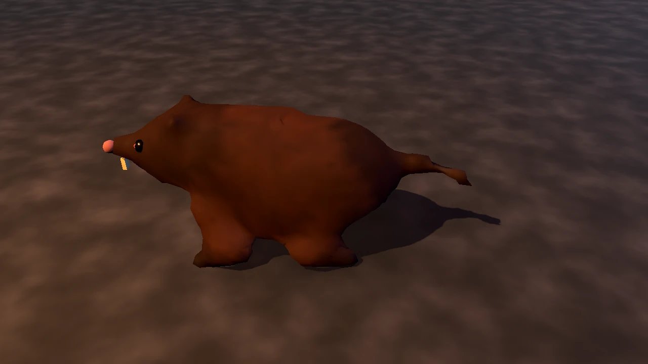 The rebuilt sewer rat: one continuous grey-brown body with a mangy painted hide, lit by the dungeon torch on a dark stone floor
