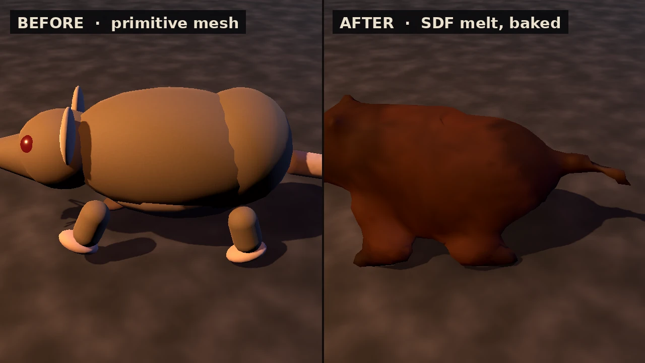 Side by side: the old sewer rat built from separate primitive shapes with visible seams, next to the new melted body