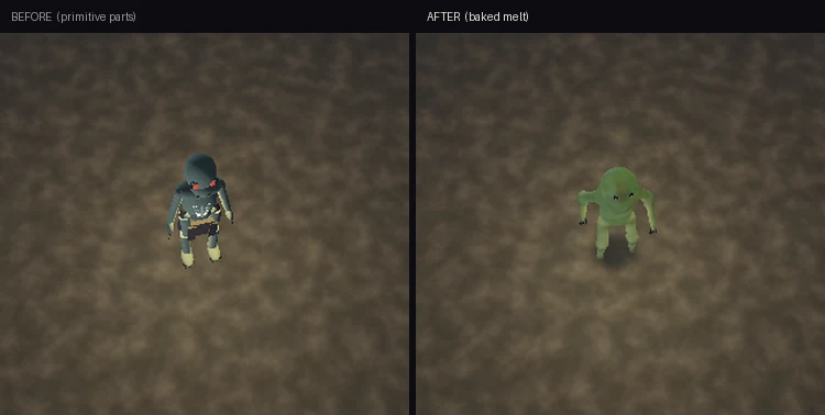 The crypt ghoul at gameplay-camera distance: on the left the old version built from separate primitive shapes, on the right the baked melted body