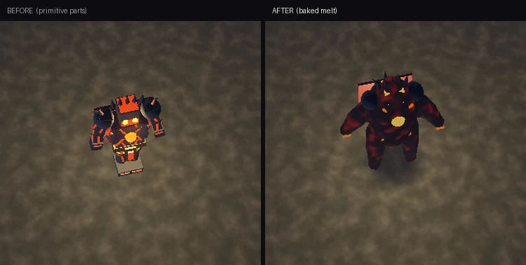 The Lava Forge boss at gameplay distance: on the left a boxy segmented figure with flat orange lava, on the right a single dark molten mass veined with heat