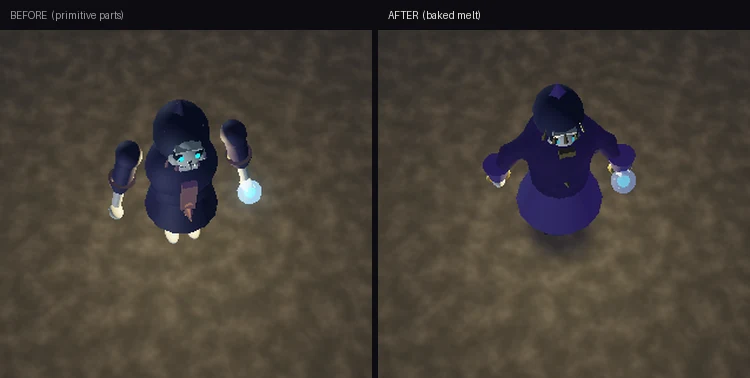 The elite lich at gameplay distance: on the left a dark segmented robe with separate sleeves, on the right a smooth violet robe with a bone skull, gold trim and a cyan cast orb