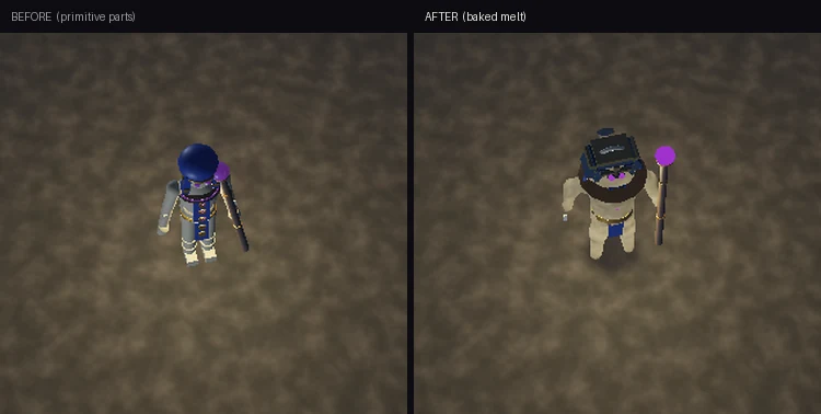 The mummy priest at gameplay distance: on the left the old rounded blue dome headdress, on the right a flat angular decrepit nemes with torn striped lappets and tarnished gold