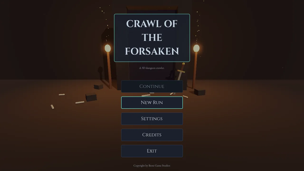 The Crawl of the Forsaken title screen: a torchlit dungeon door flanked by braziers, with New Run, Settings, and Credits buttons