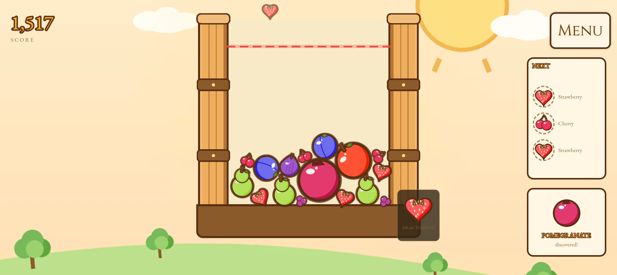 Fruit Alchemist's Android build in landscape, with fruit stacked in the barrel and a Pomegranate discovery card beside it