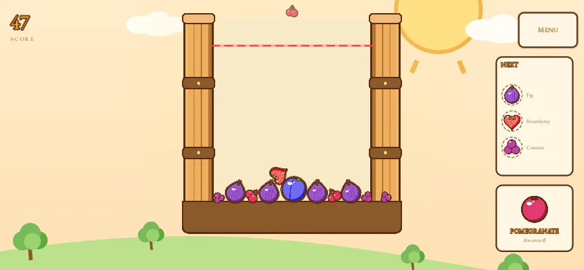 Fruit Alchemist on a phone in landscape orientation, barrel and preview shelf spread across the wider viewport