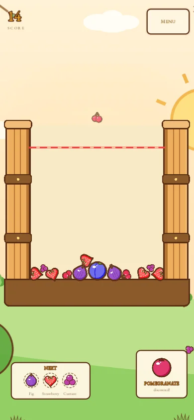 Fruit Alchemist on a phone in portrait orientation, barrel filling with merged fruit, discovery card showing a Pomegranate