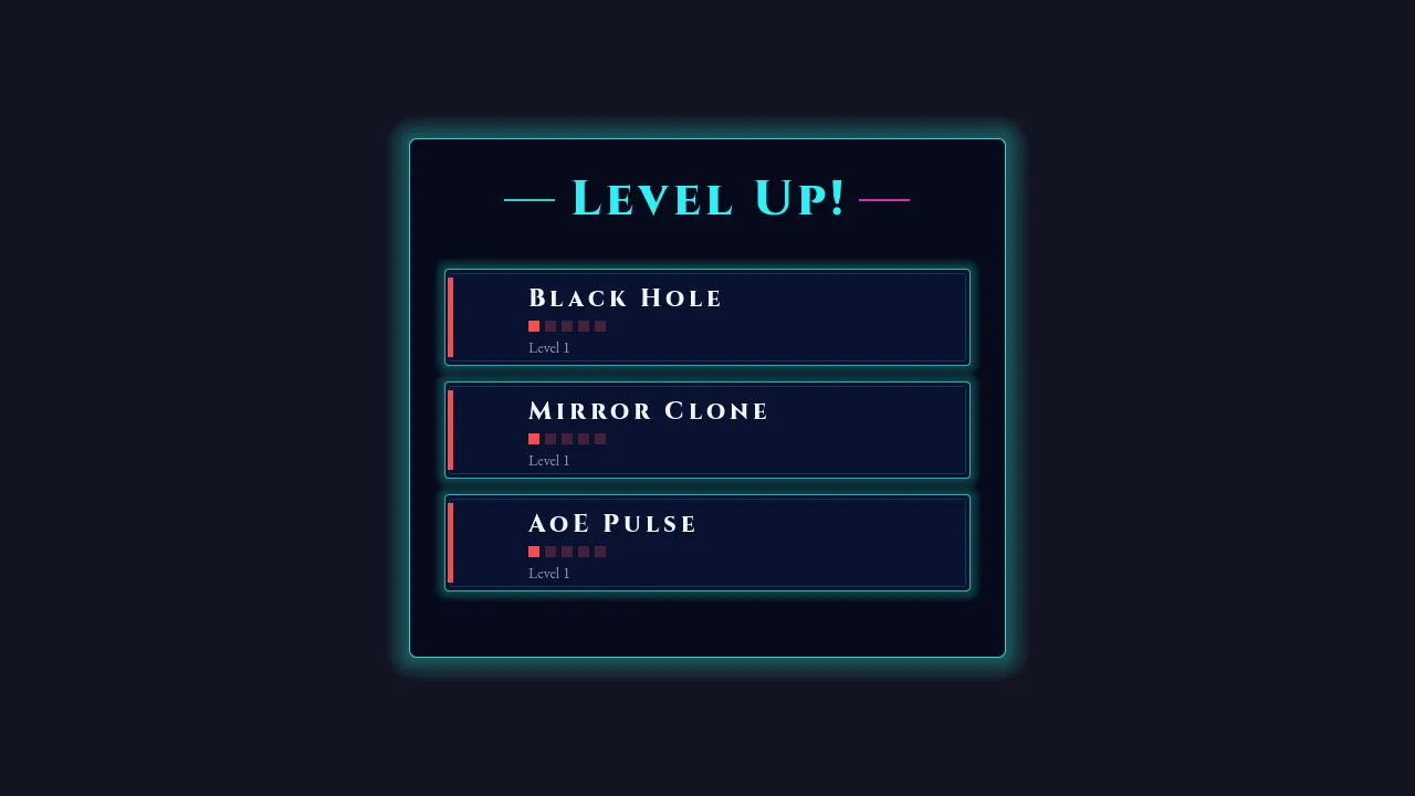 Geometry Survivor's Level Up screen offering a draft of three cards: Black Hole, Mirror Clone, and AoE Pulse