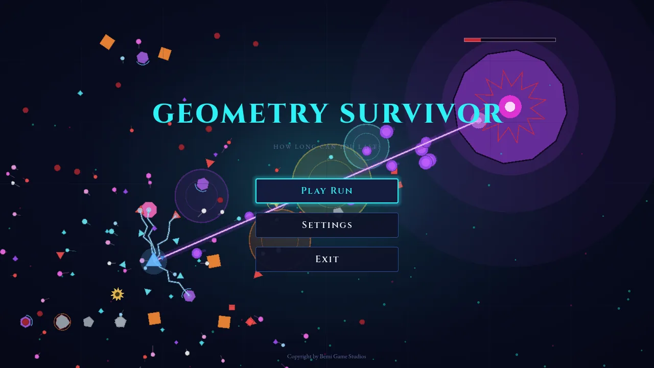 The Geometry Survivor main menu, with a live neon battle simulation running behind the Play Run button