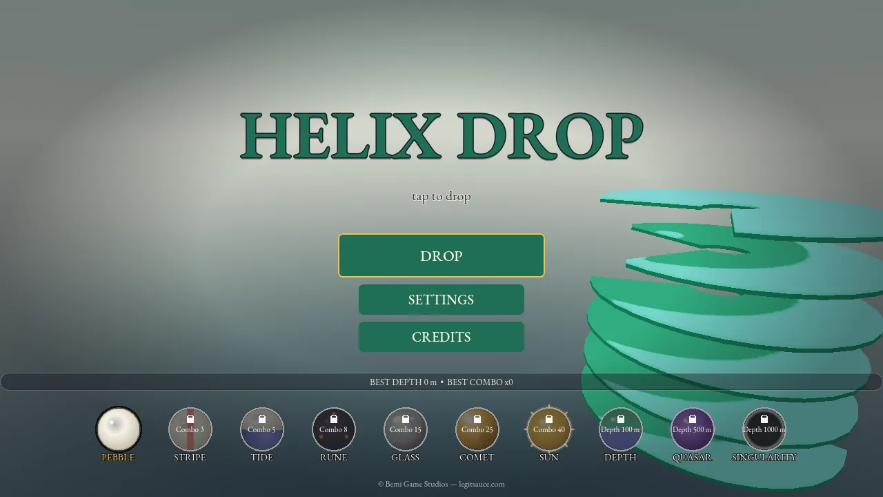 The Helix Drop main menu with a strip of unlockable ball skins along the bottom