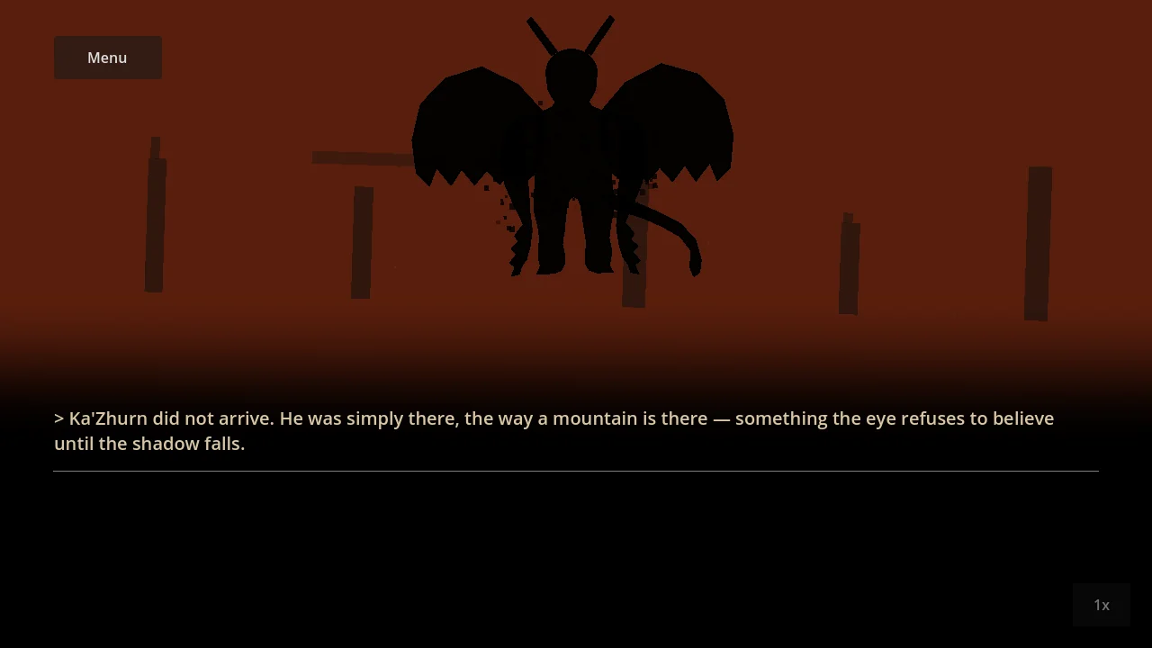 Ka'Zhurn appears: a hulking winged silhouette with broken wing-stumps, formed from a dark particle cloud against a red, ruined sky, with the line "Ka'Zhurn did not arrive. He was simply there, the way a mountain is there."