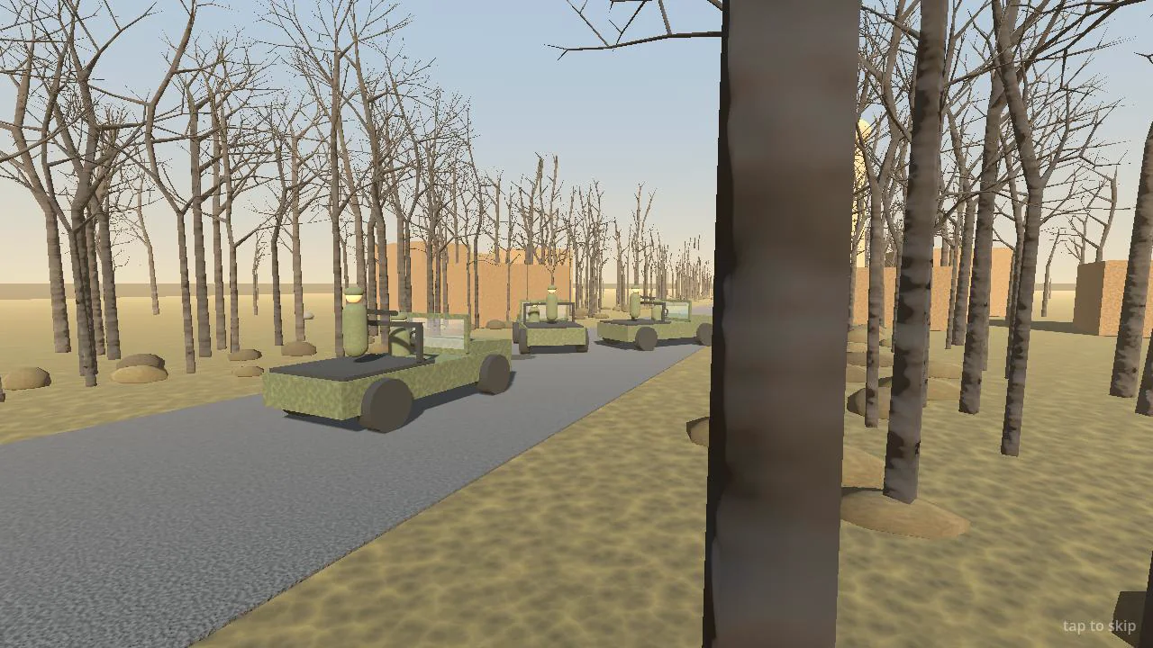 Three military jeeps parked in a dead winter forest under a pale sky, a road running between the bare trees, in Kamikaze Drone Defense