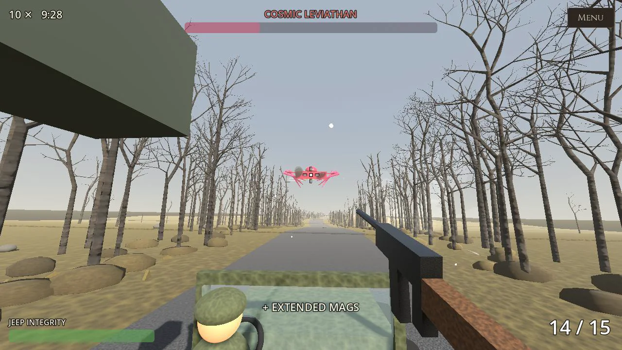 A hulking war drone glowing red in its enraged phase, hovering over the road through the dead forest, a boss health bar labeled Cosmic Leviathan across the top of the screen