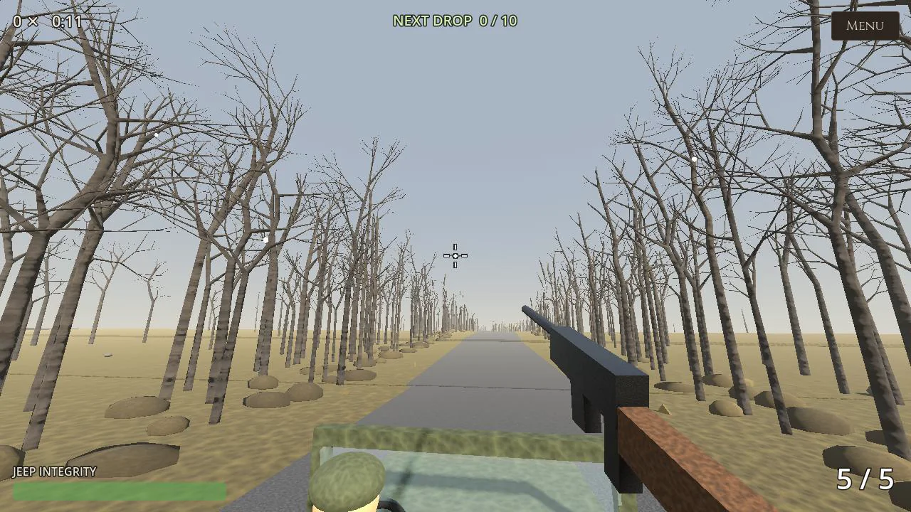 First-person view down a long paved road through a dead forest, rifle held ready, a drone visible as a small shape far up the road