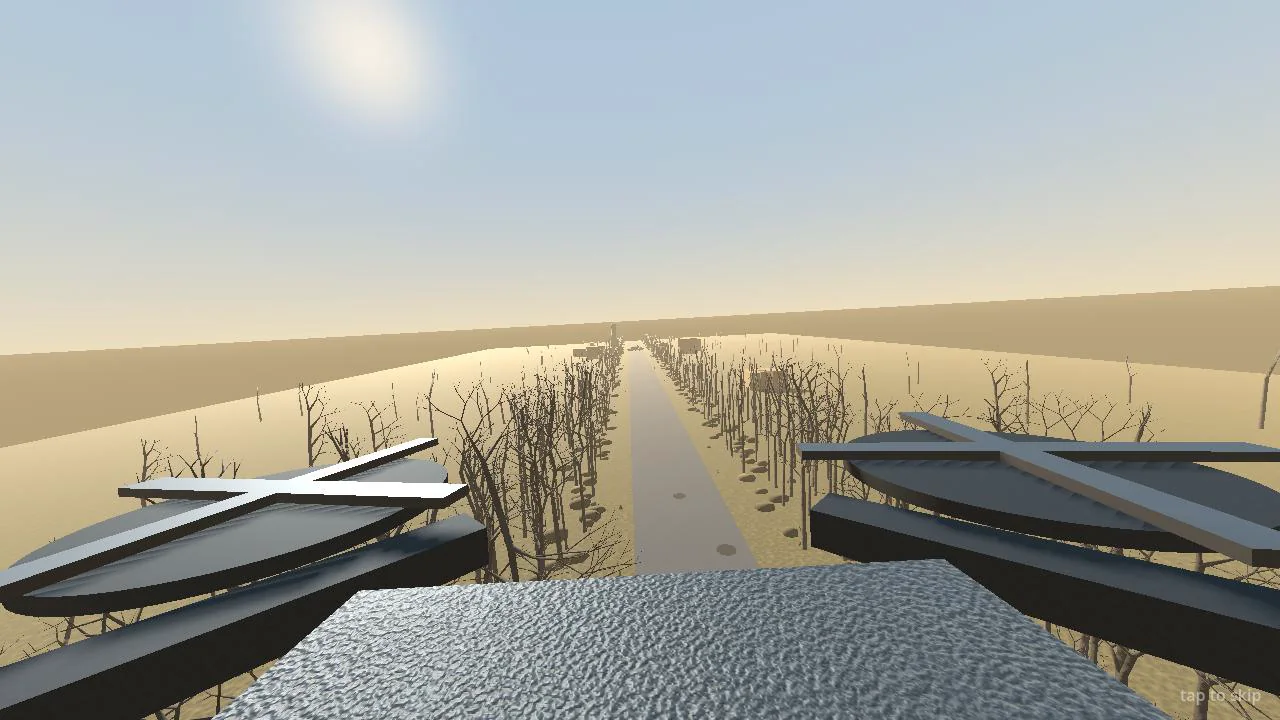 A drone's-eye view: two spinning rotor blades at the edges of the frame, looking down a road lined with bare trees toward the distant checkpoint