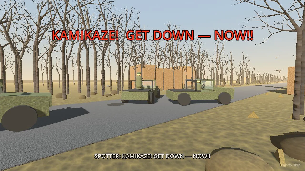 A first-person view at a jeep checkpoint with an on-screen warning to get down as a drone swarm approaches over the trees