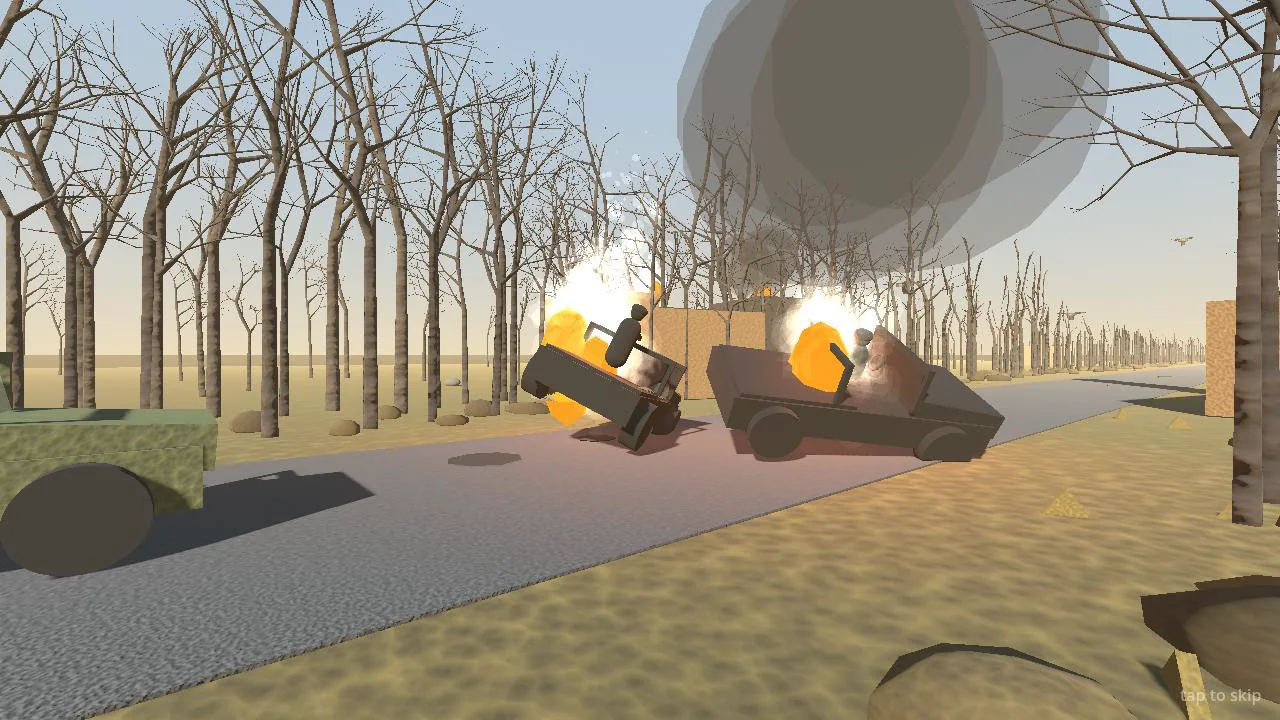 Two military jeeps exploding in orange fireballs among the bare trees as a column of smoke climbs the pale sky