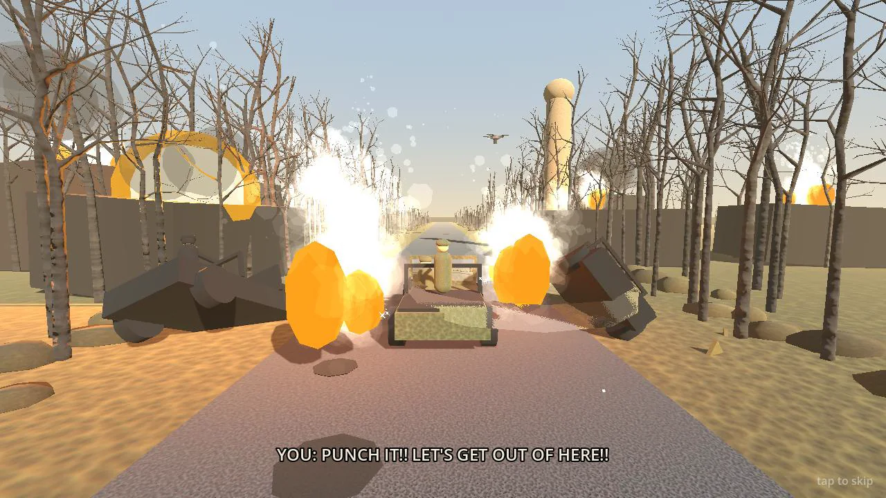 The player's jeep punching through two burning wrecks, throwing them aside in a spray of fire and debris as it escapes the checkpoint