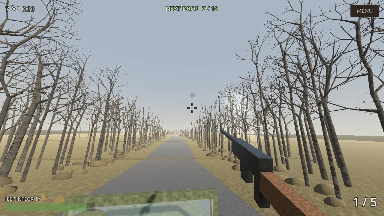 First-person combat with a supply crate descending under a parachute over the road ahead, drones incoming, the ammo counter and jeep integrity bar showing on the HUD