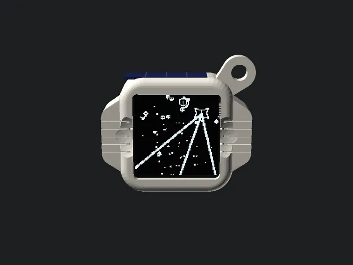 An animation of the keychain turning from front to back, then separating into shells, screen, circuit boards, battery and buttons