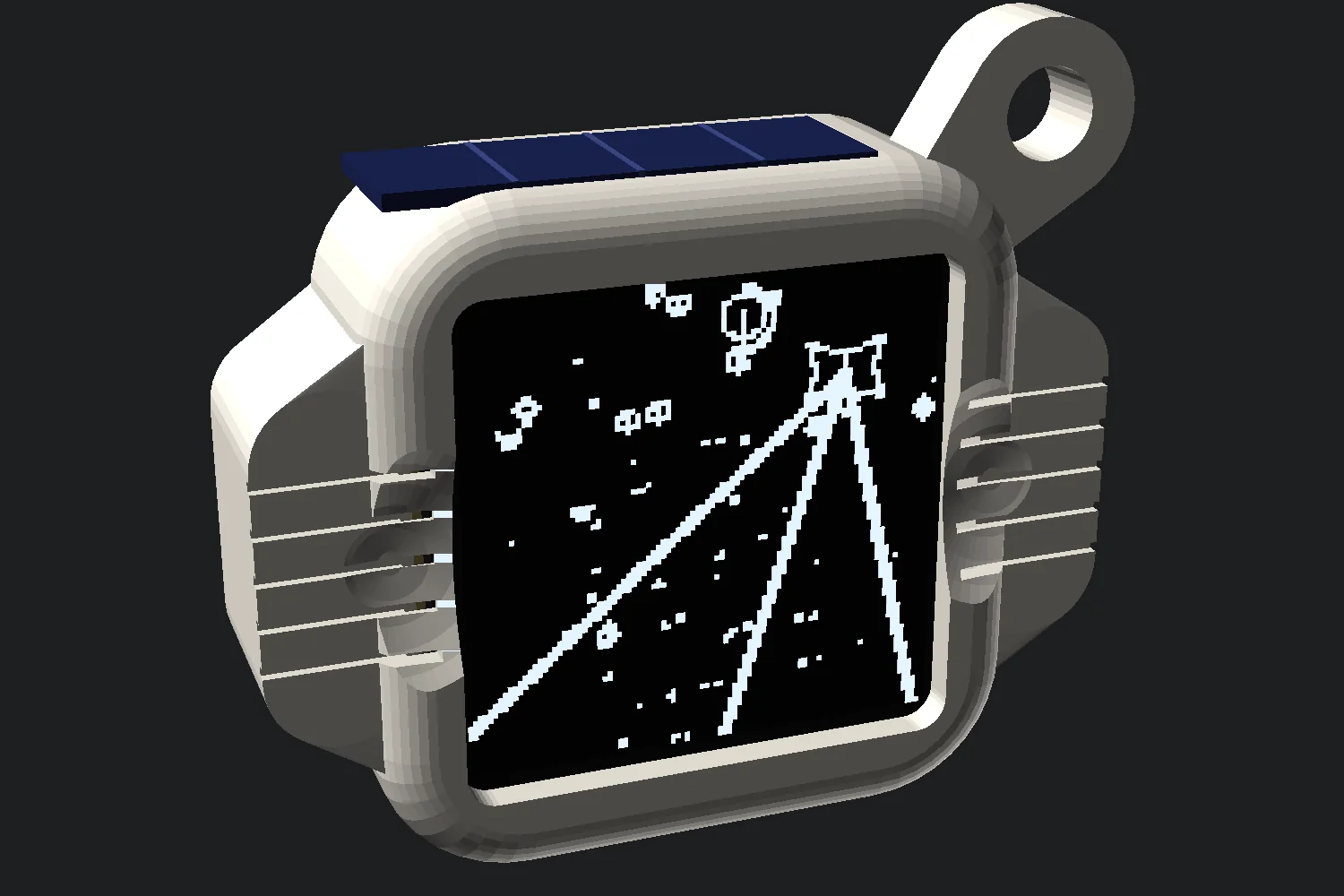 A concept render of the Legitsauce keychain showing Space Type 2 on a square screen, with a dark strip along the top edge and a keyring loop at the top-right