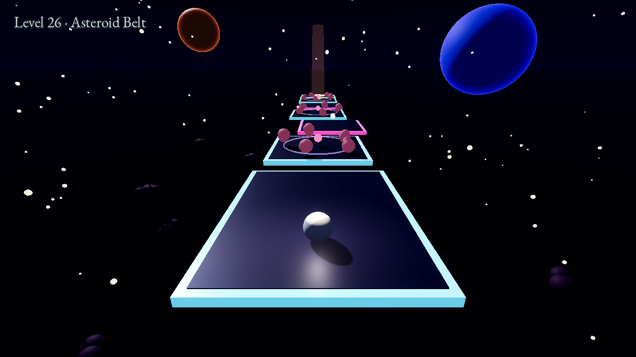 Asteroid Belt, with pink rings of orbiting debris chunks turning over the cyan decks amid planets and stars