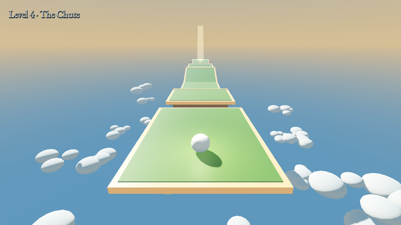 A Marble Skyway course climbing through stepped green ramps into the sky, the white marble resting on a wide starting deck