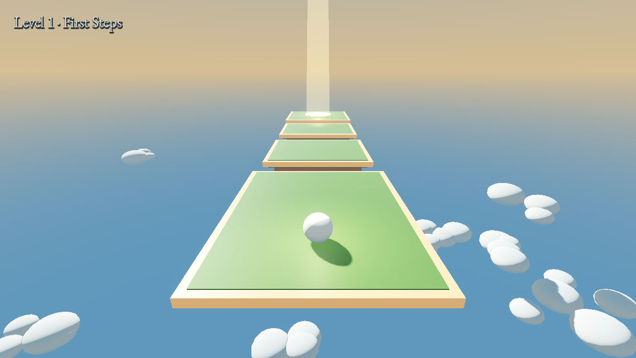 First Steps, level 1, a calm wide green deck floating above the clouds with the marble at the start and the gold goal beacon ahead