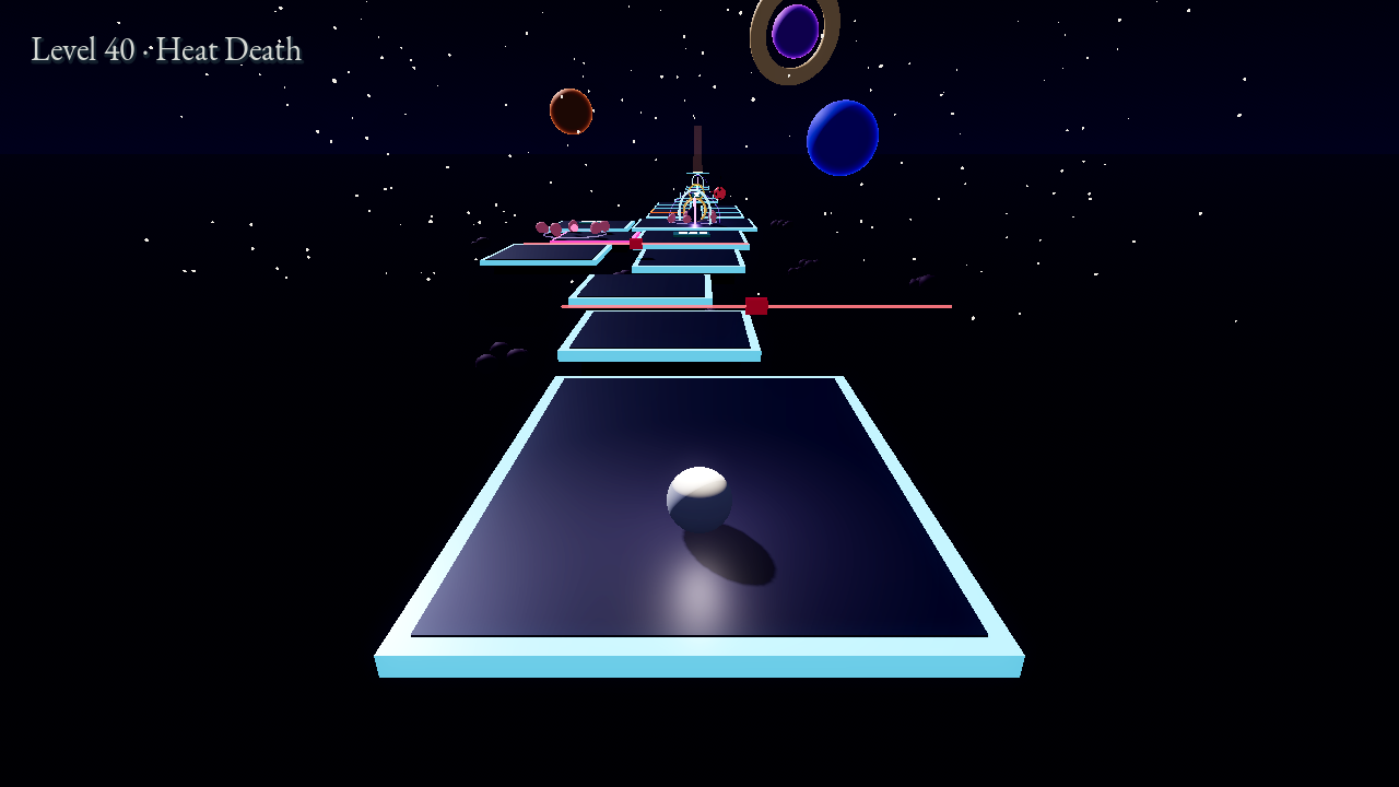 Heat Death, the final level, a long chain of cyan decks in deep space raked by red laser beams with planets and a warp ring overhead