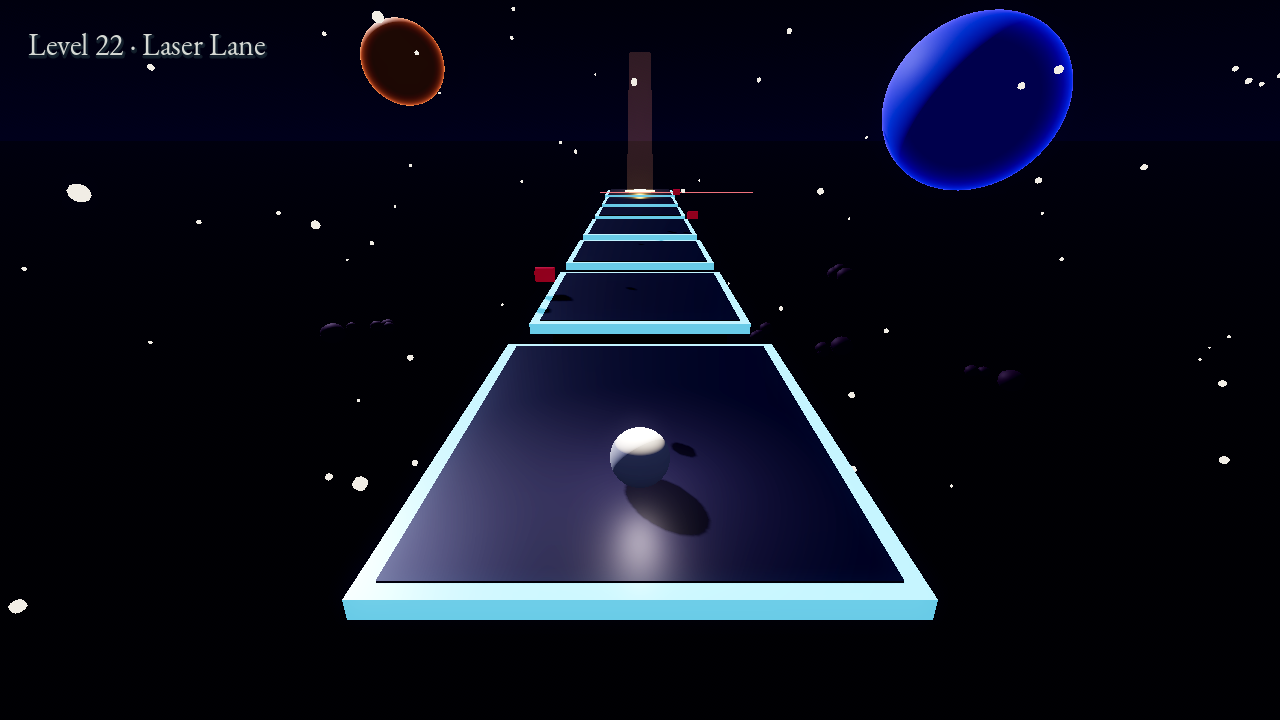 Laser Lane, a cyan-edged deck floating in a black starfield with drifting planets and a red laser targeting line across a platform ahead