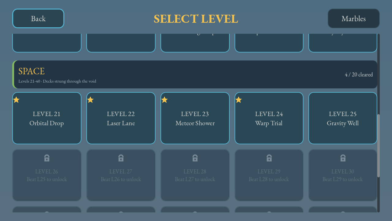 The level select scrolled down to reveal the SPACE section header above its own grid of level tiles, the first two starred