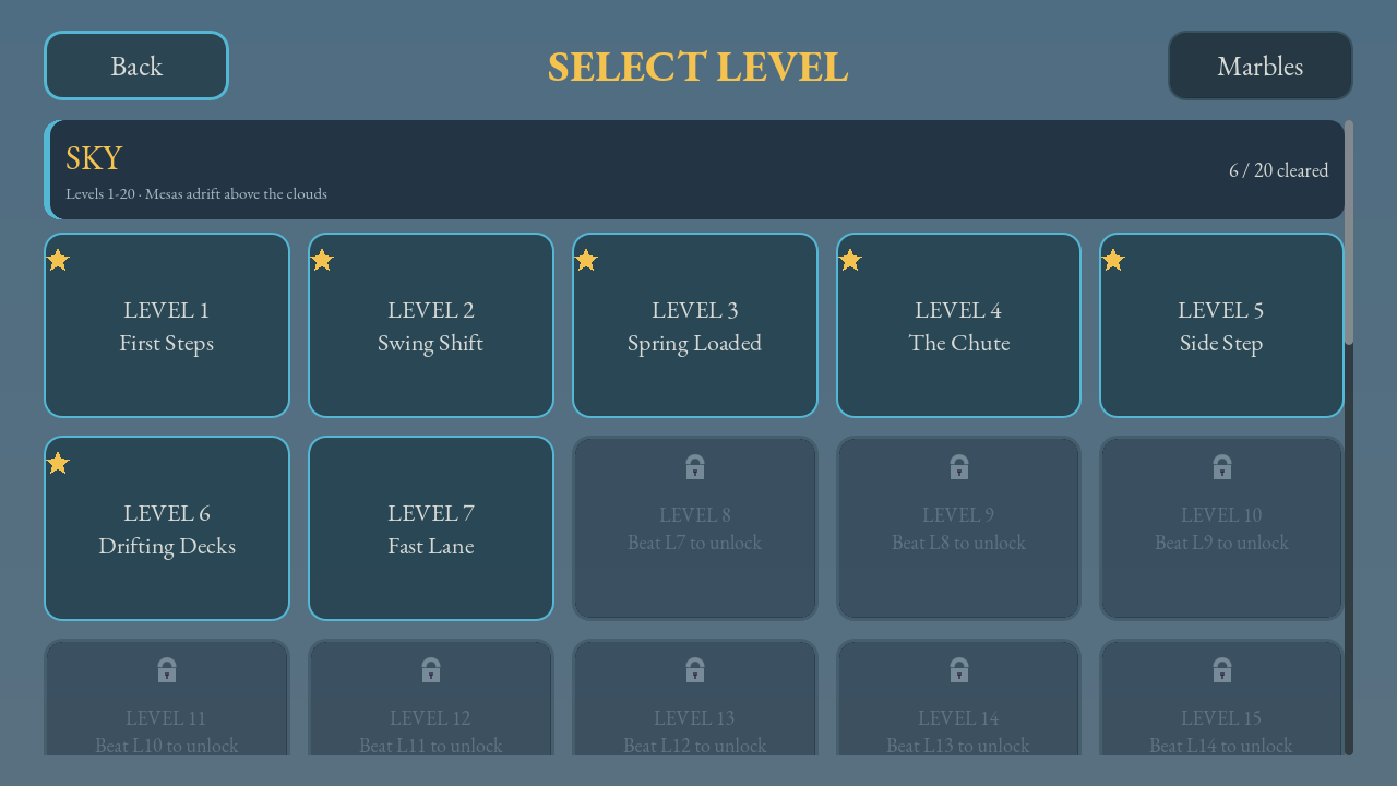 The new Marble Skyway level select, showing a SKY section header above a grid of level tiles, the first six starred as cleared and the seventh glowing