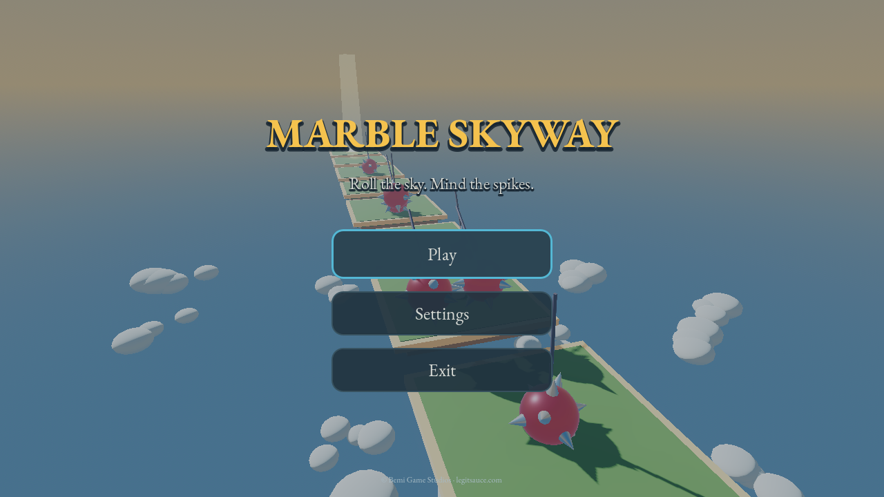 The Marble Skyway title screen, with a live sky course of green platforms and swinging red spike balls behind the Play, Settings, and Exit buttons