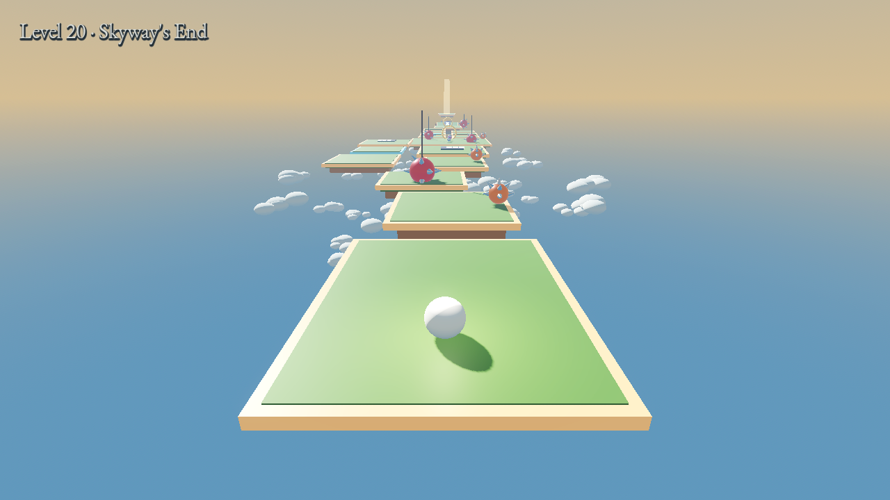 Skyway's End, a long chain of green sky decks with red swinging spike balls and other hazards stretching toward the goal