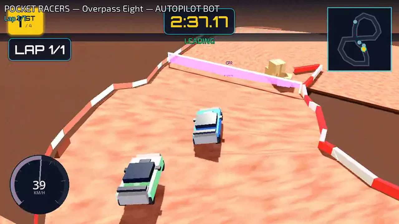 Two toy cars racing side by side on a kerb-lined carpet track, with a figure-eight minimap in the corner.