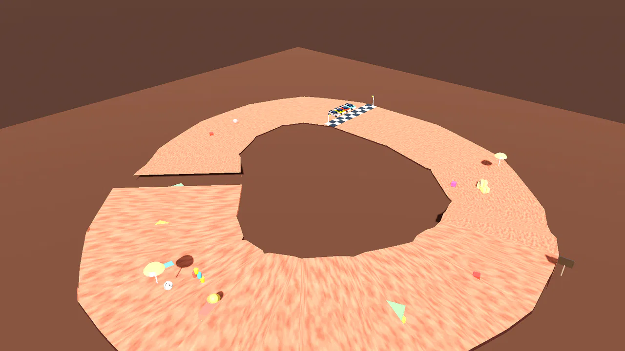 Overhead view of a full toy racetrack looping across carpet, with a raised section on one side and a break in the road where the jump gap is.