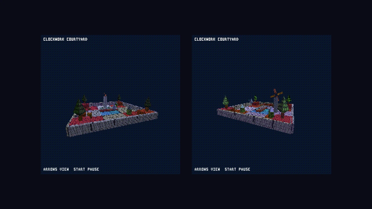 Two frames of a small 3D courtyard with trees, a fountain, a windmill and stone walls on a dark blue background