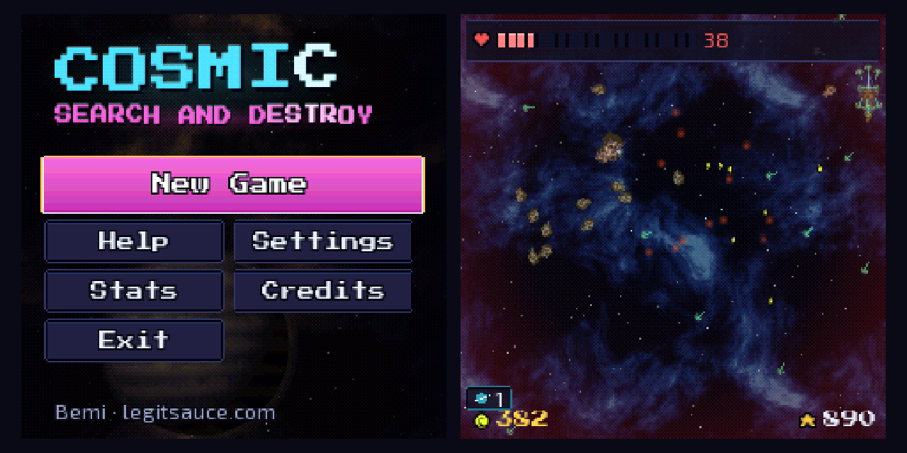 Two square frames from Cosmic: Search and Destroy: the pink and blue title menu, and a ship fighting a swarm over a red and blue nebula