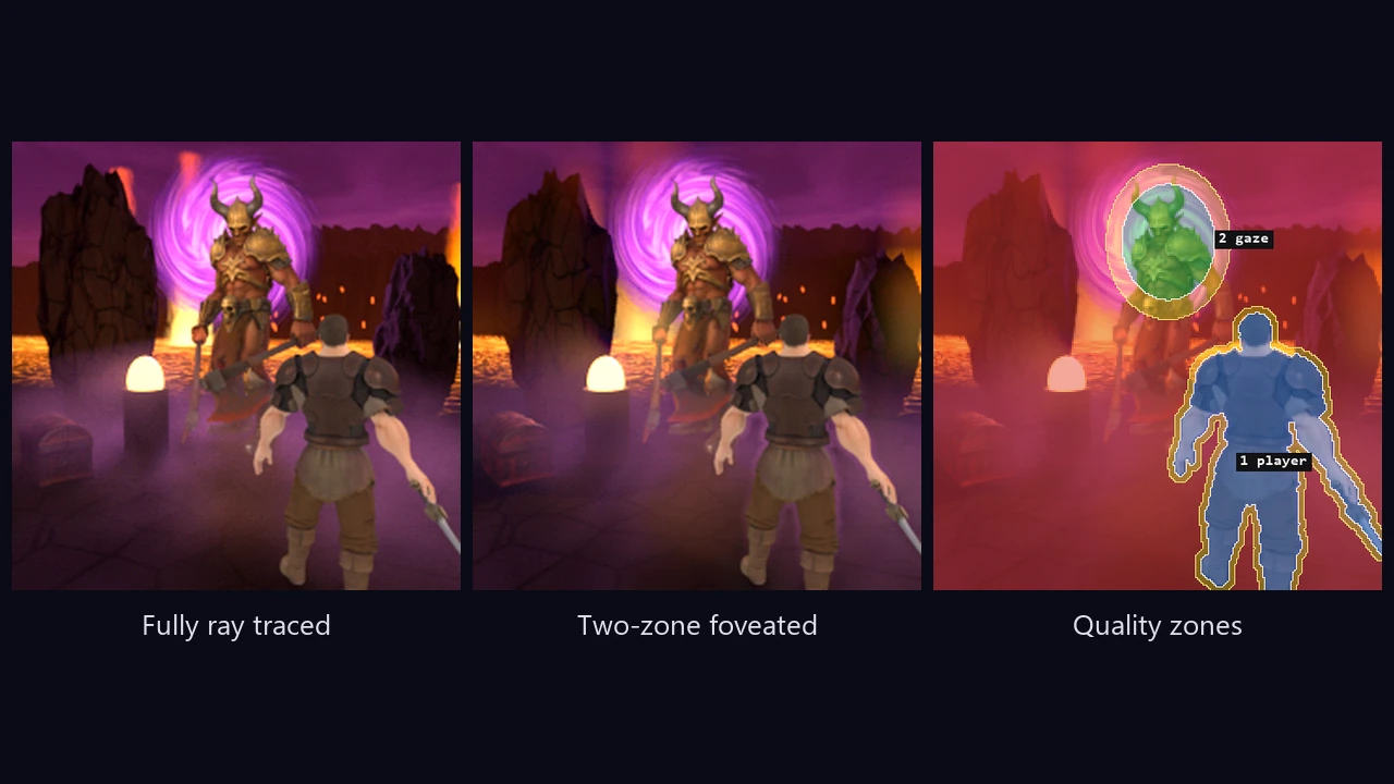 Three versions of a scene where an armoured swordsman faces the giant horned demon Ka'zhurn in front of a purple portal over a lava sea: fully ray traced, a two-zone foveated version where only the swordsman and Ka'zhurn are ray traced, and a map marking those two zones