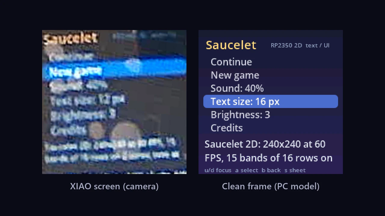 A camera photo of the menu on the XIAO's screen, with "New game" highlighted, next to a clean frame of the same menu with Continue, New game, Sound, Text size, Brightness and Credits under the title Saucelet