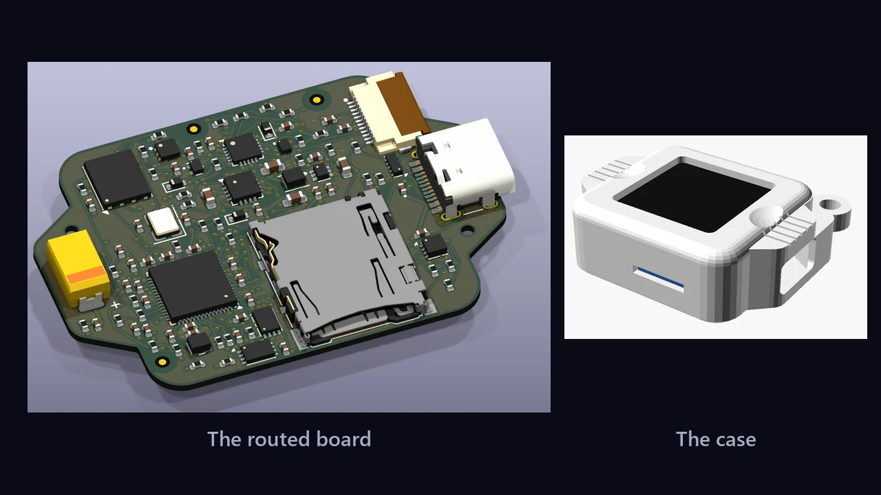 A 3D render of a small green circuit board with chips, a microSD socket, a USB-C port and a screen connector, next to a render of a small white square case with a dark screen opening and a keyring loop