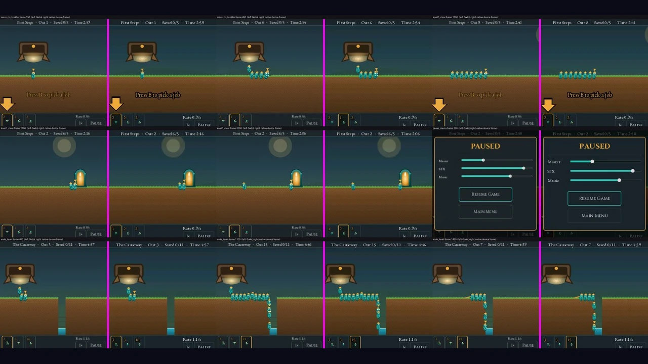 Pairs of Saucelings frames in a grid, each pair showing the same moment from Godot on the left and the native device build on the right