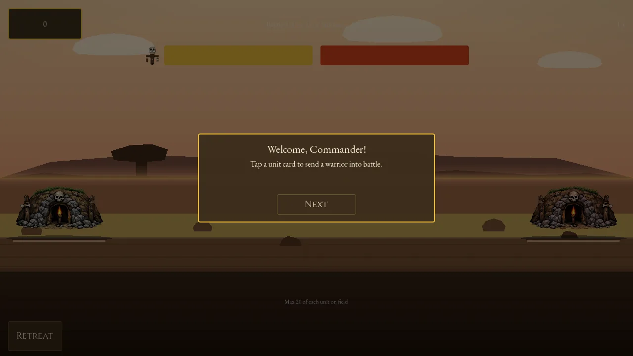 The opening of Battle 1-1 in Siege of Ages: two skull-cave bases face off across a Dark Age valley while the tutorial prompt welcomes the commander