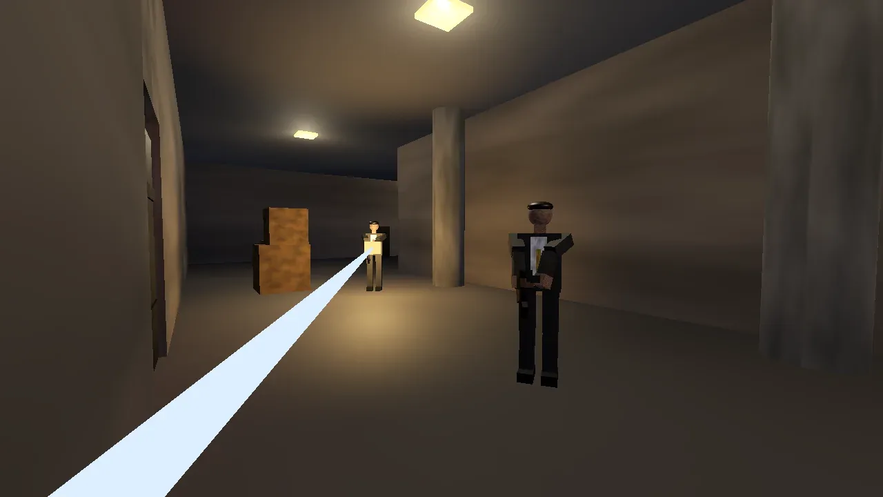 A firefight in the basement hall, flashlight beam cutting toward an armed guard between concrete pillars