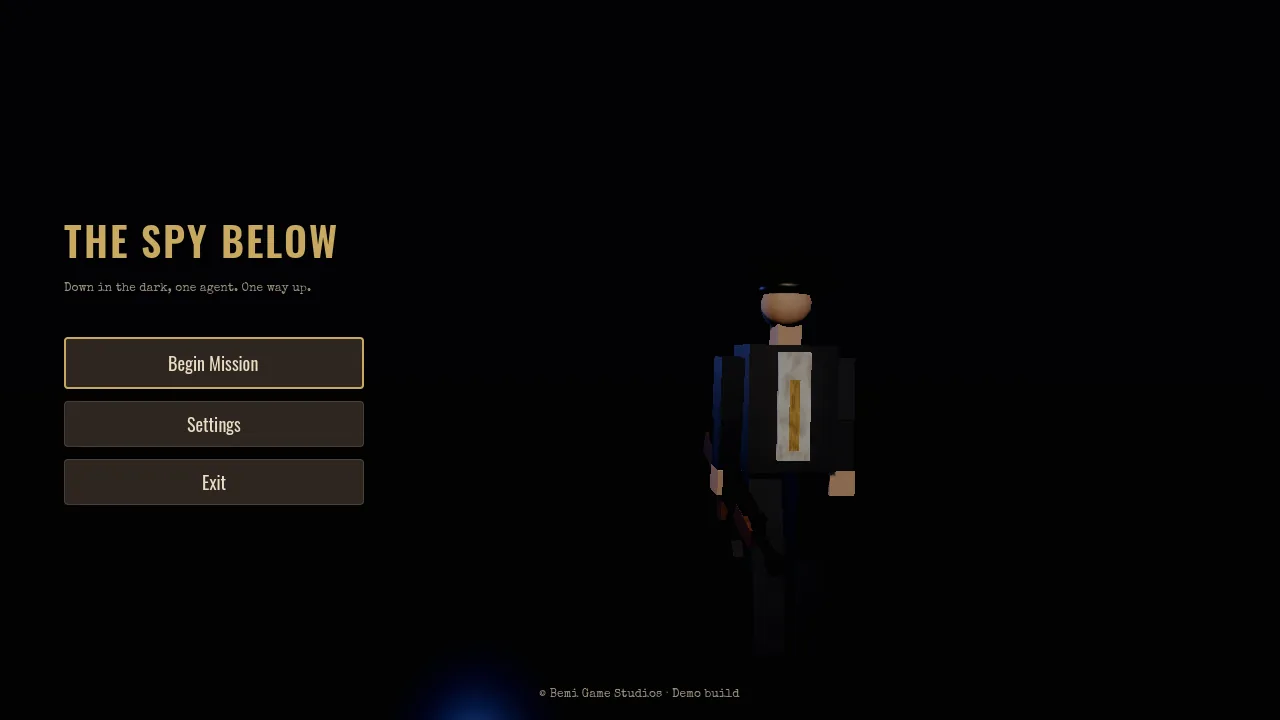The Spy Below title screen: a lone agent stands spotlit in the dark beside the game's gold logo